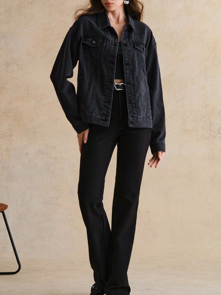 Black Casual Women's Elegant Sexy Lace Long Sleeve Blouse & Jeans